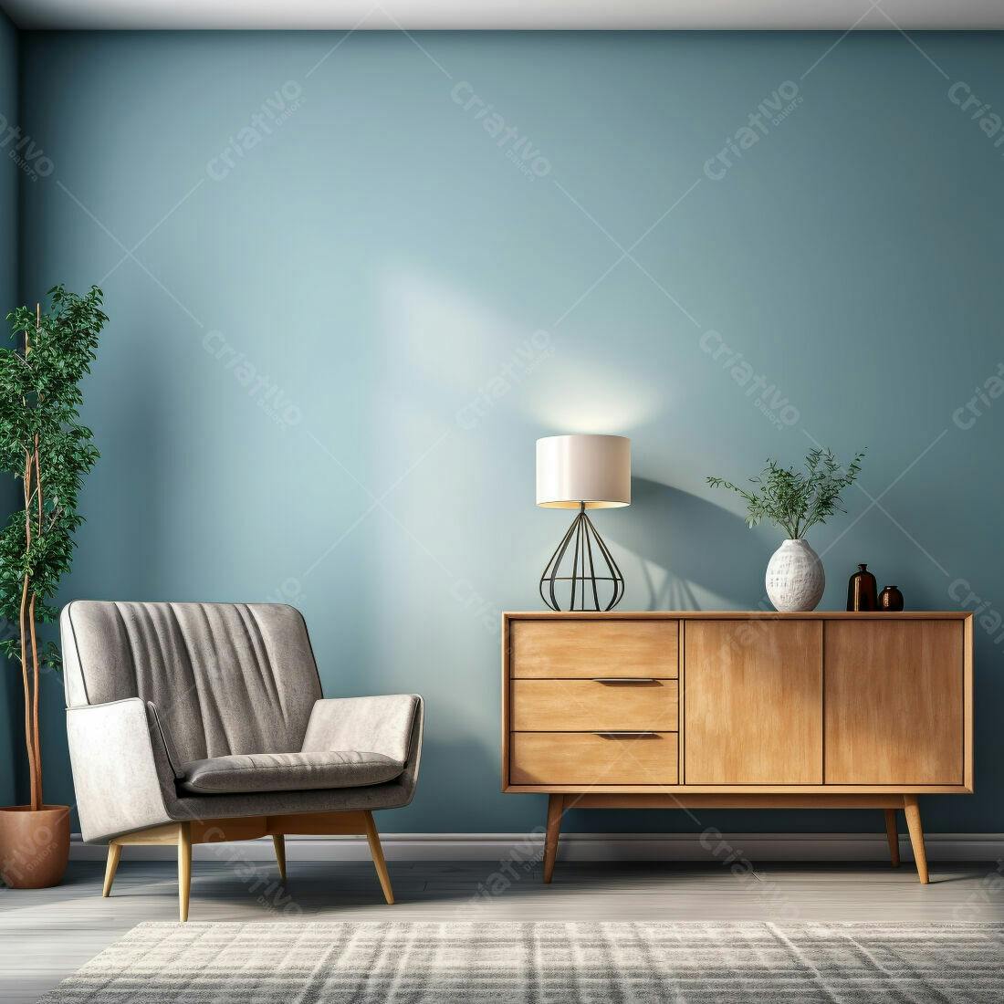 Sala de estar moderna com poltrona cinza e cômoda de madeira