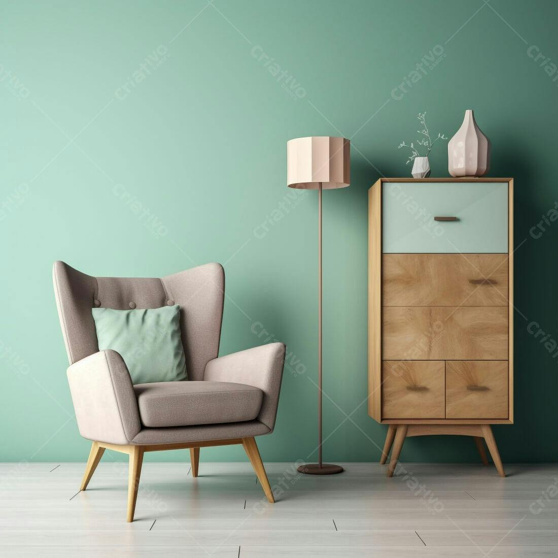 Poltrona bege em sala com armário vintage
