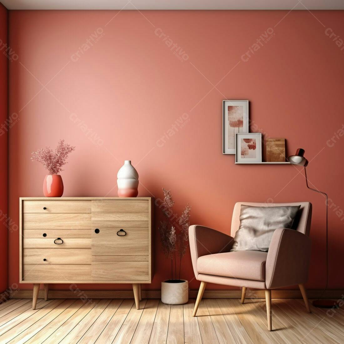 Sala de estar moderna em tons rosa e madeira