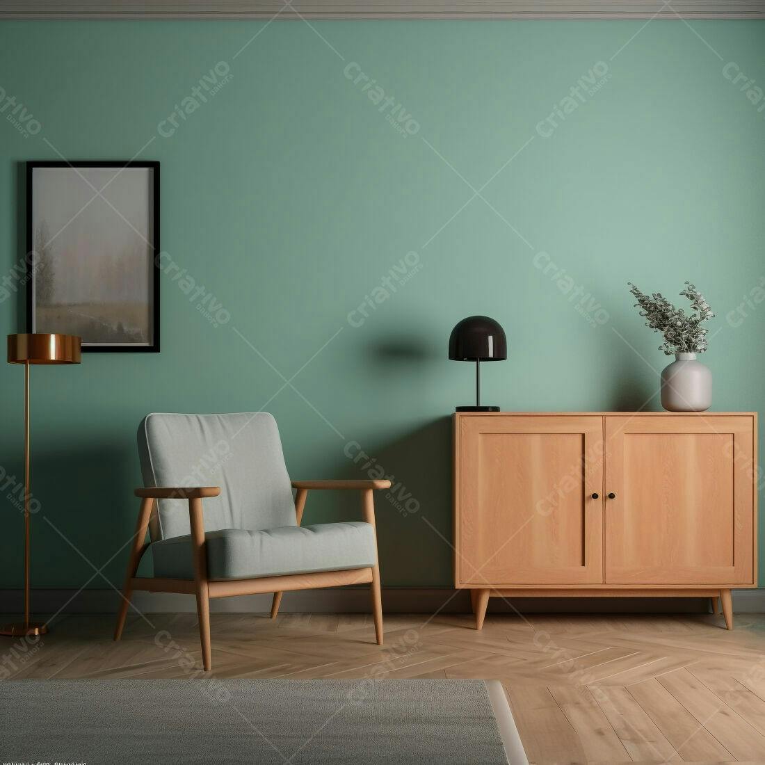 Sala de estar moderna com poltrona verde-água e armário de madeira