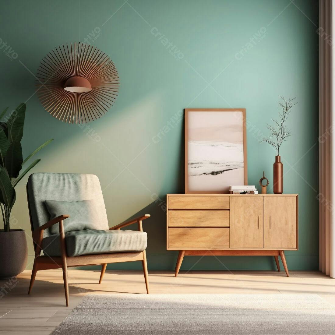 Sala de estar moderna com poltrona verde e móvel de madeira