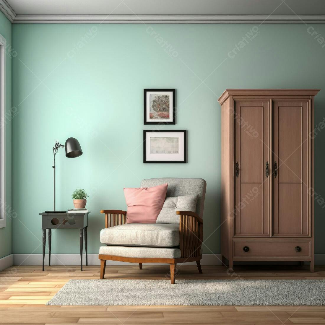 Sala de estar aconchegante com poltrona cinza e armário vintage