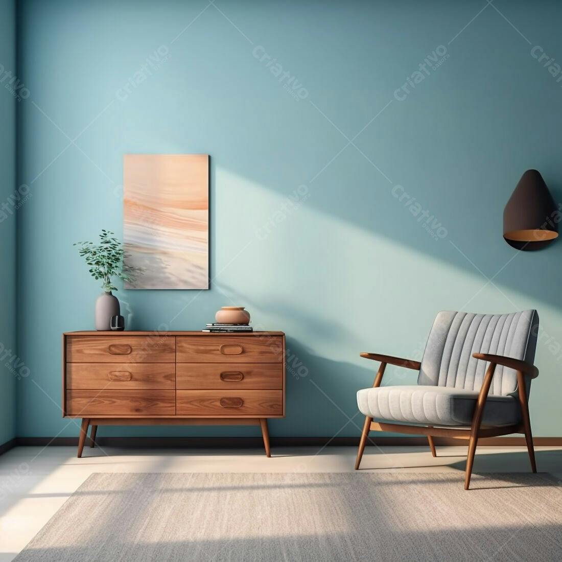 Sala de estar moderna com cômoda de madeira e poltrona azul