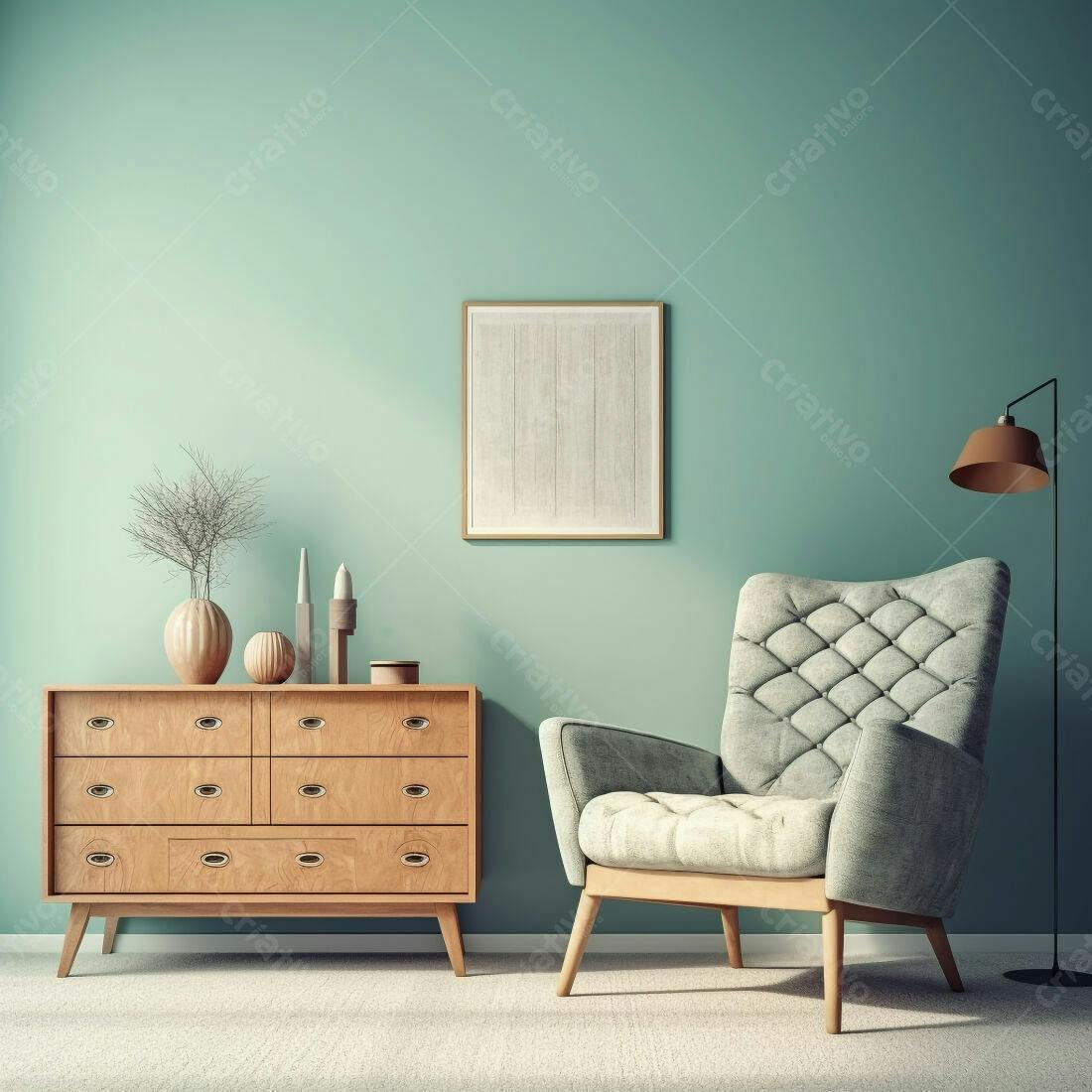 Sala de estar moderna com poltrona e cômoda