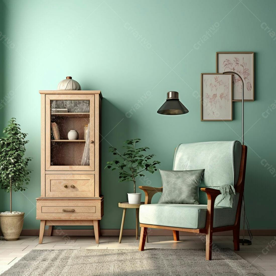 Sala de estar vintage com poltrona verde menta
