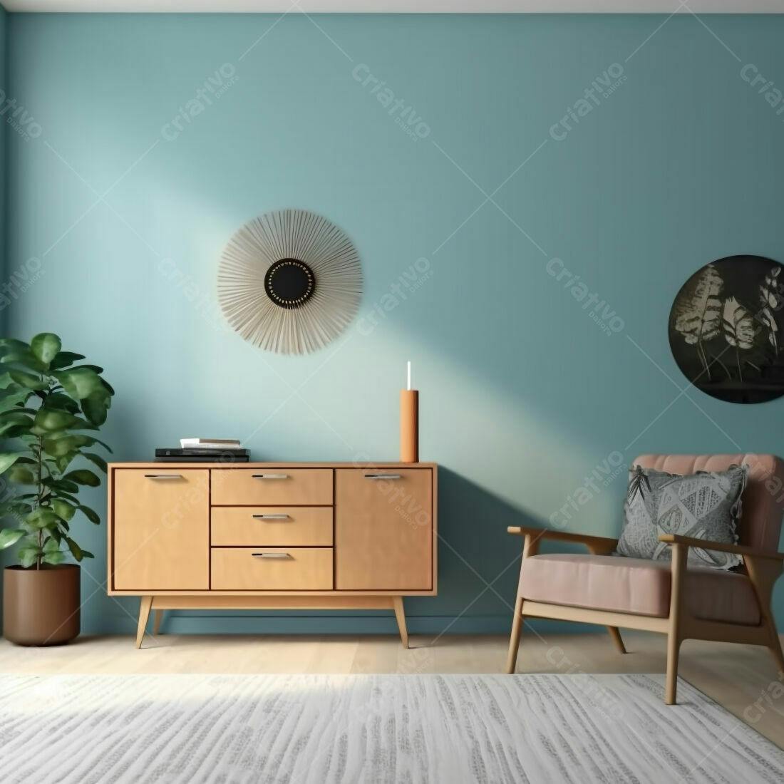 Sala de estar moderna com cômoda de madeira clara