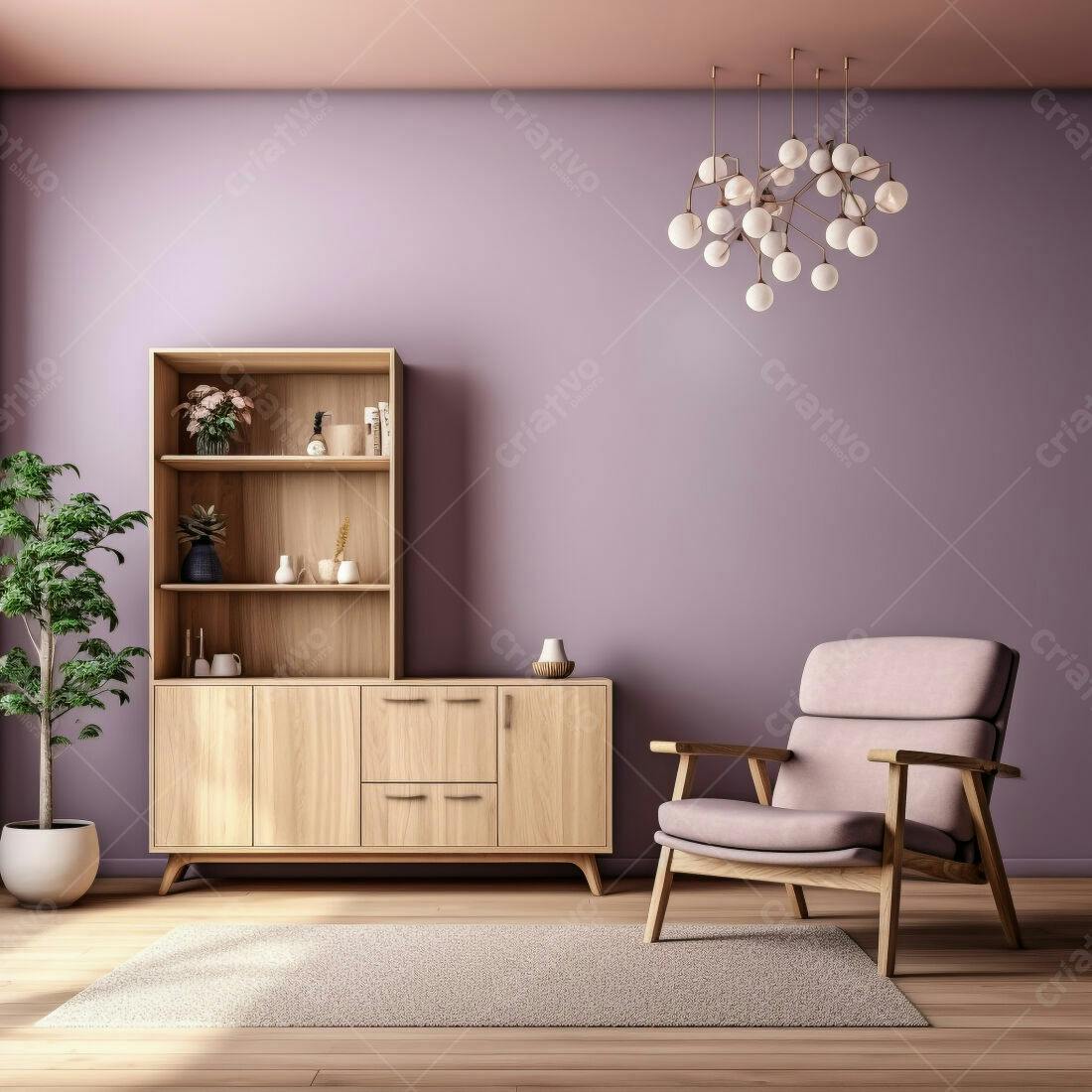 Sala de estar moderna com armário e poltrona roxa