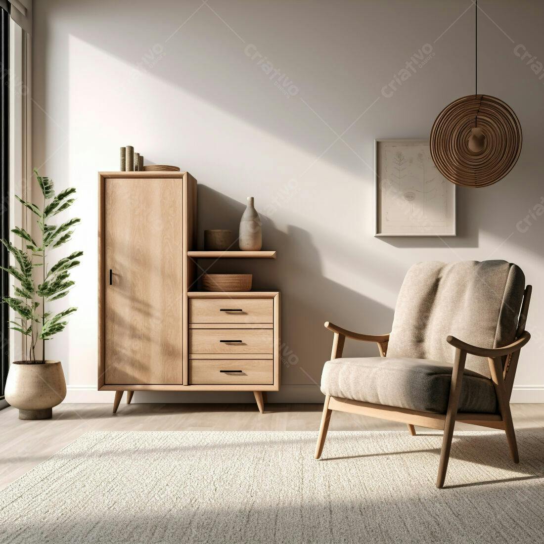 Sala de estar minimalista com poltrona de madeira e armário