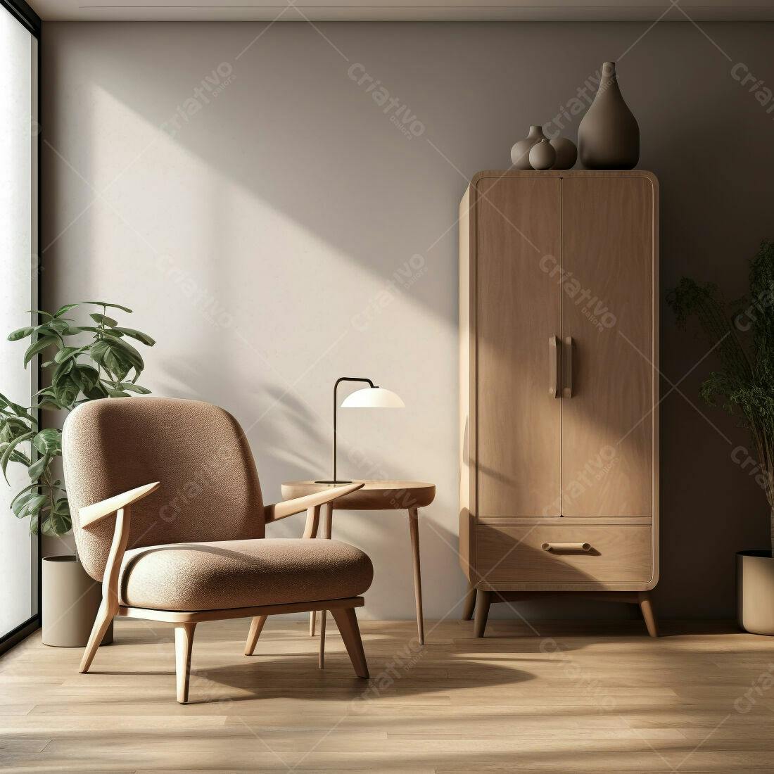 Poltrona de madeira em sala minimalista