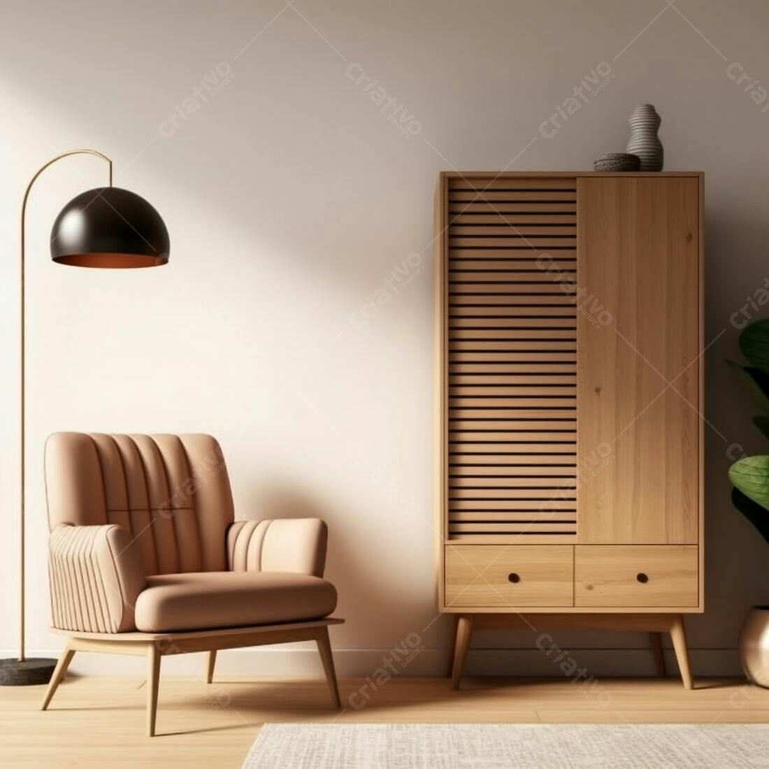 Poltrona bege em sala minimalista com armário de madeira