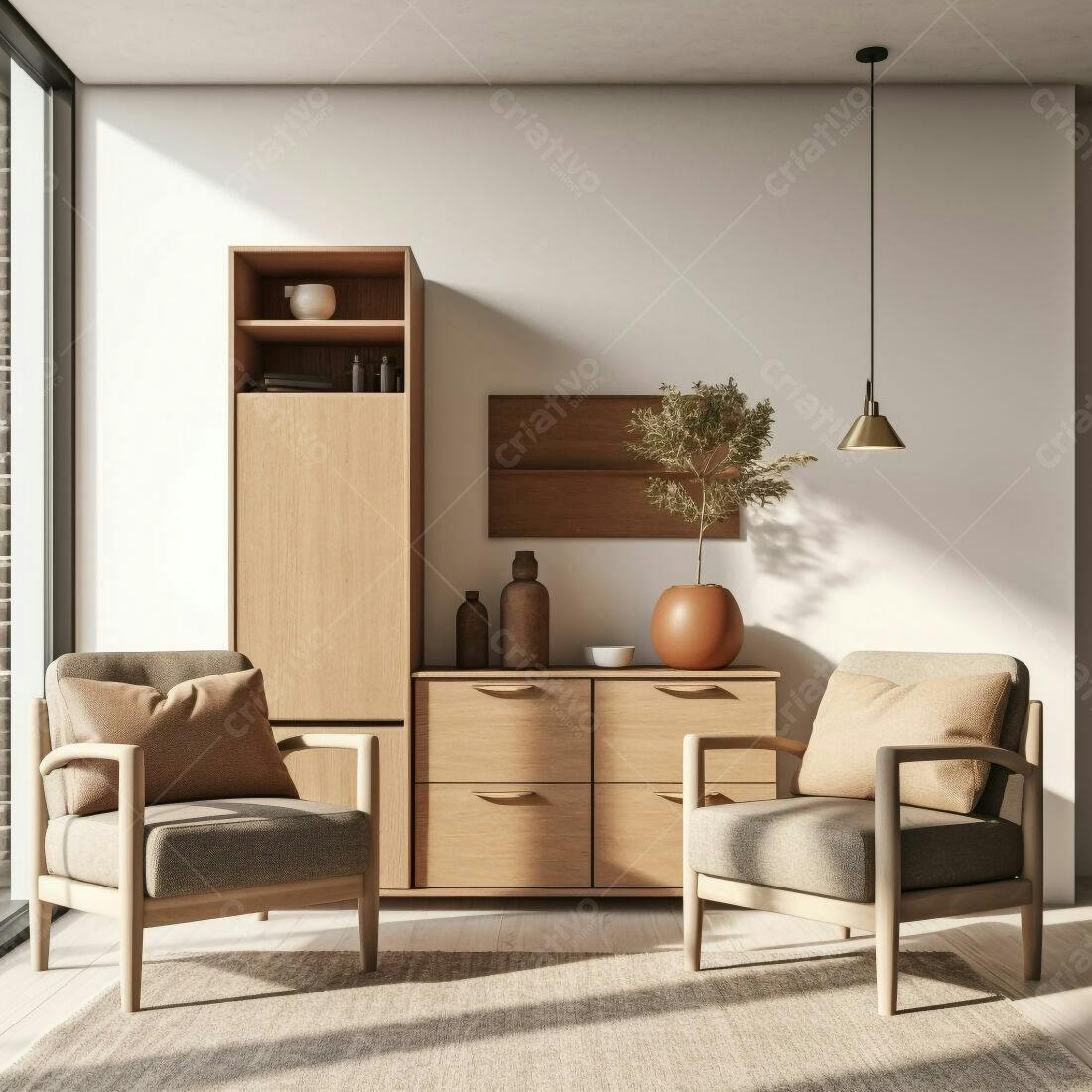Sala de estar minimalista com poltronas de madeira