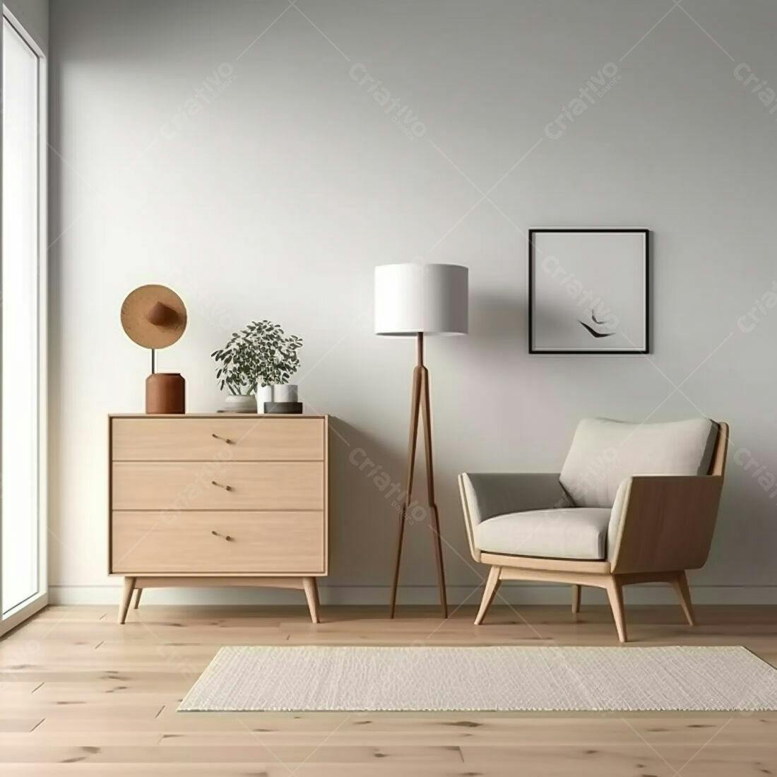Sala de estar moderna com poltrona e cômoda de madeira clara