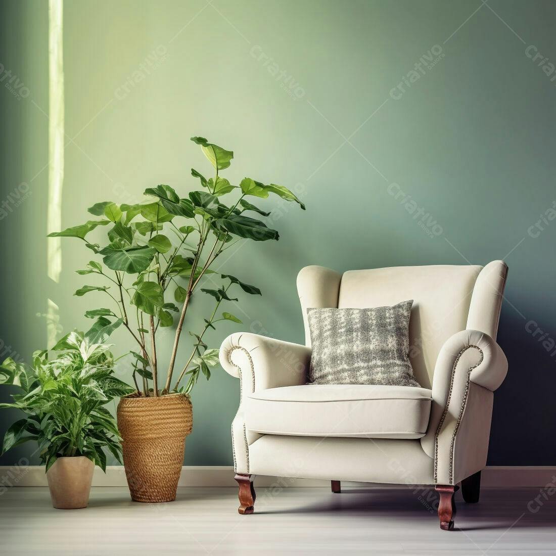 Poltrona creme com plantas em ambiente verde