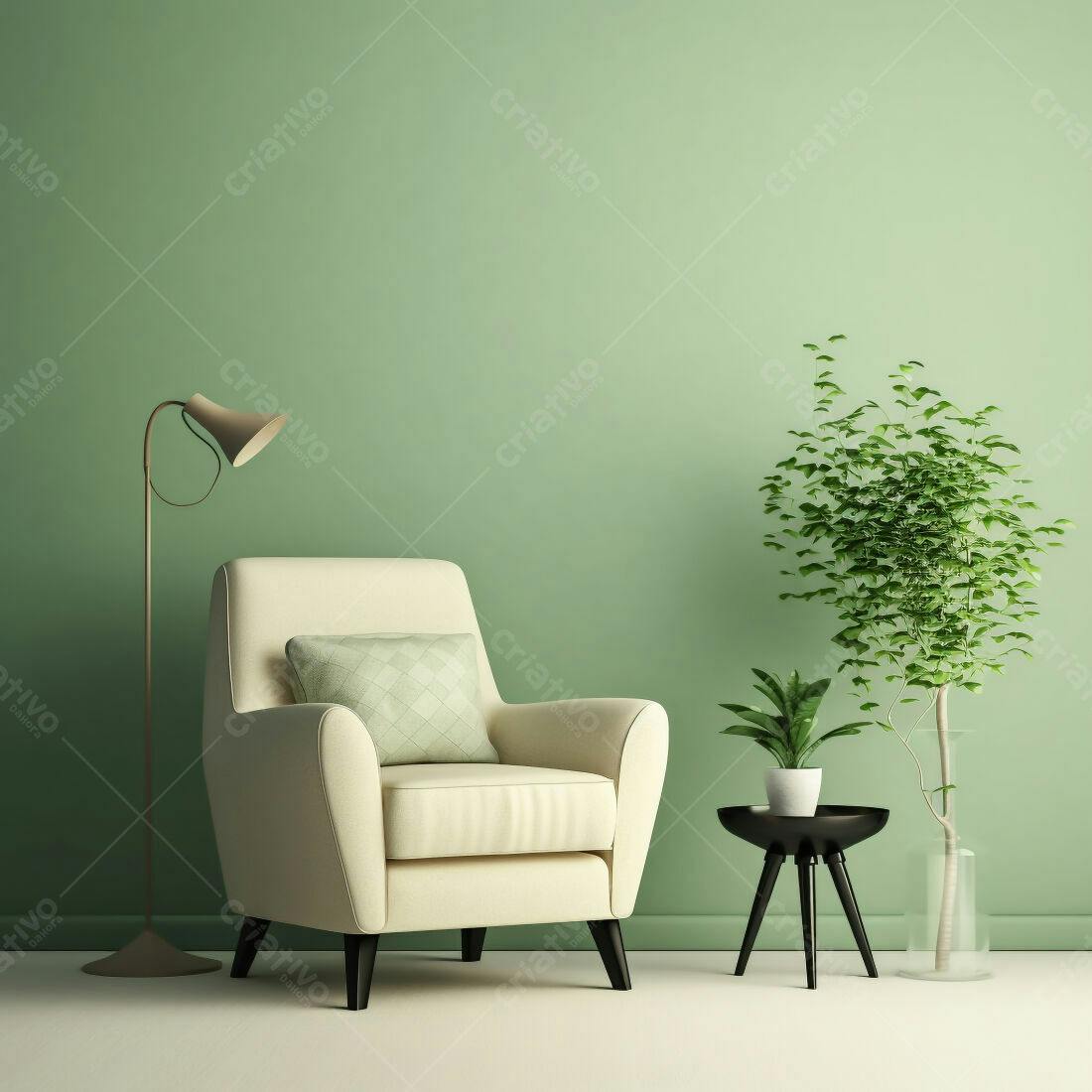 Poltrona creme em sala verde com plantas