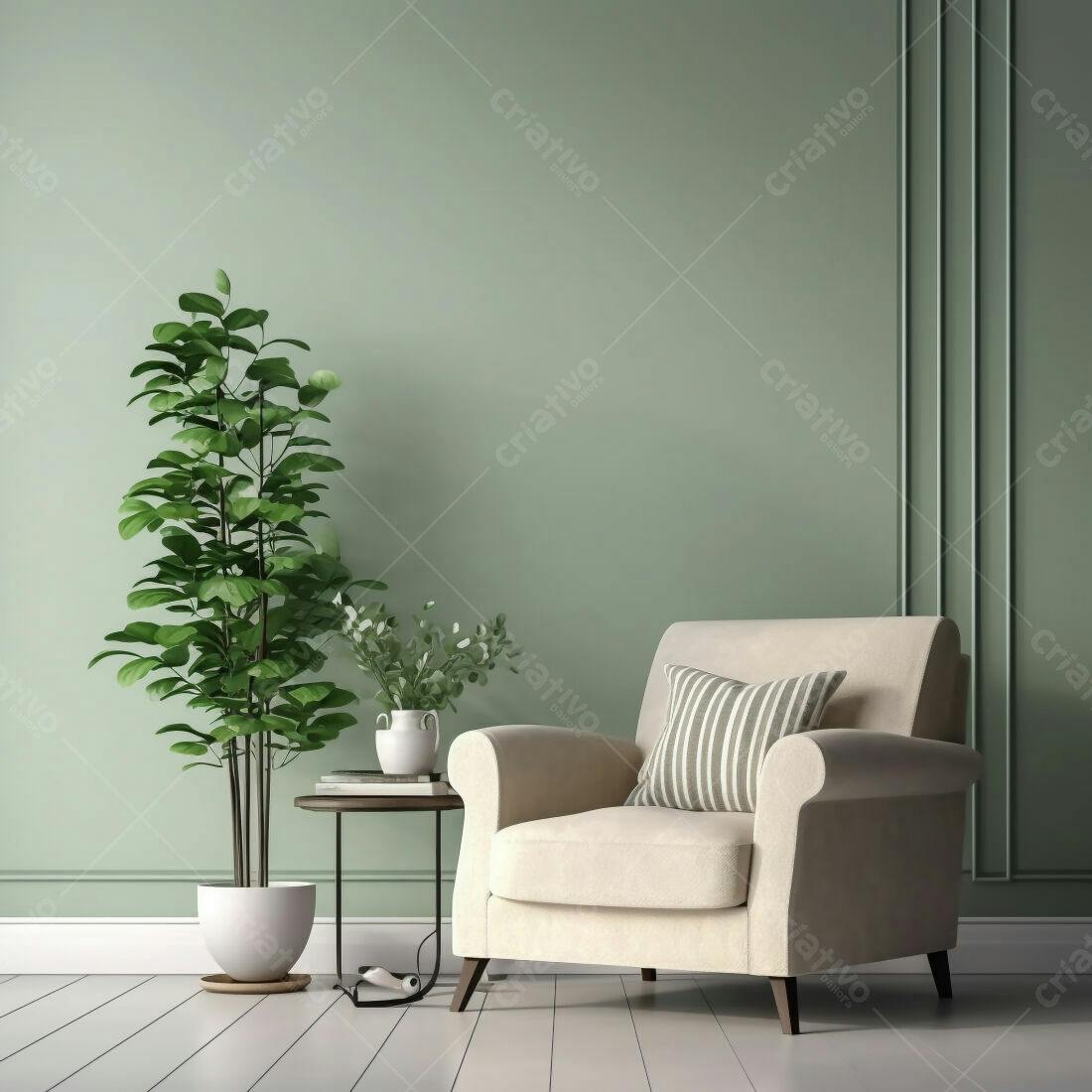 Poltrona bege em sala verde com planta