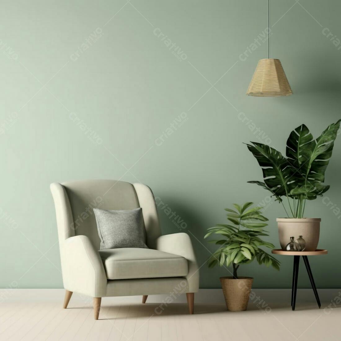 Poltrona em sala verde com plantas