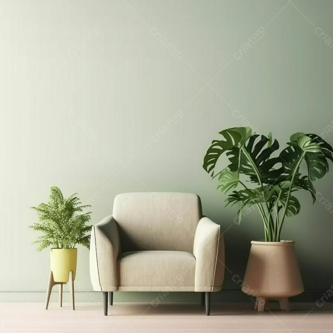 Poltrona bege em sala com plantas verdes