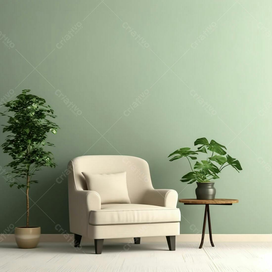 Poltrona bege em sala com plantas verdes