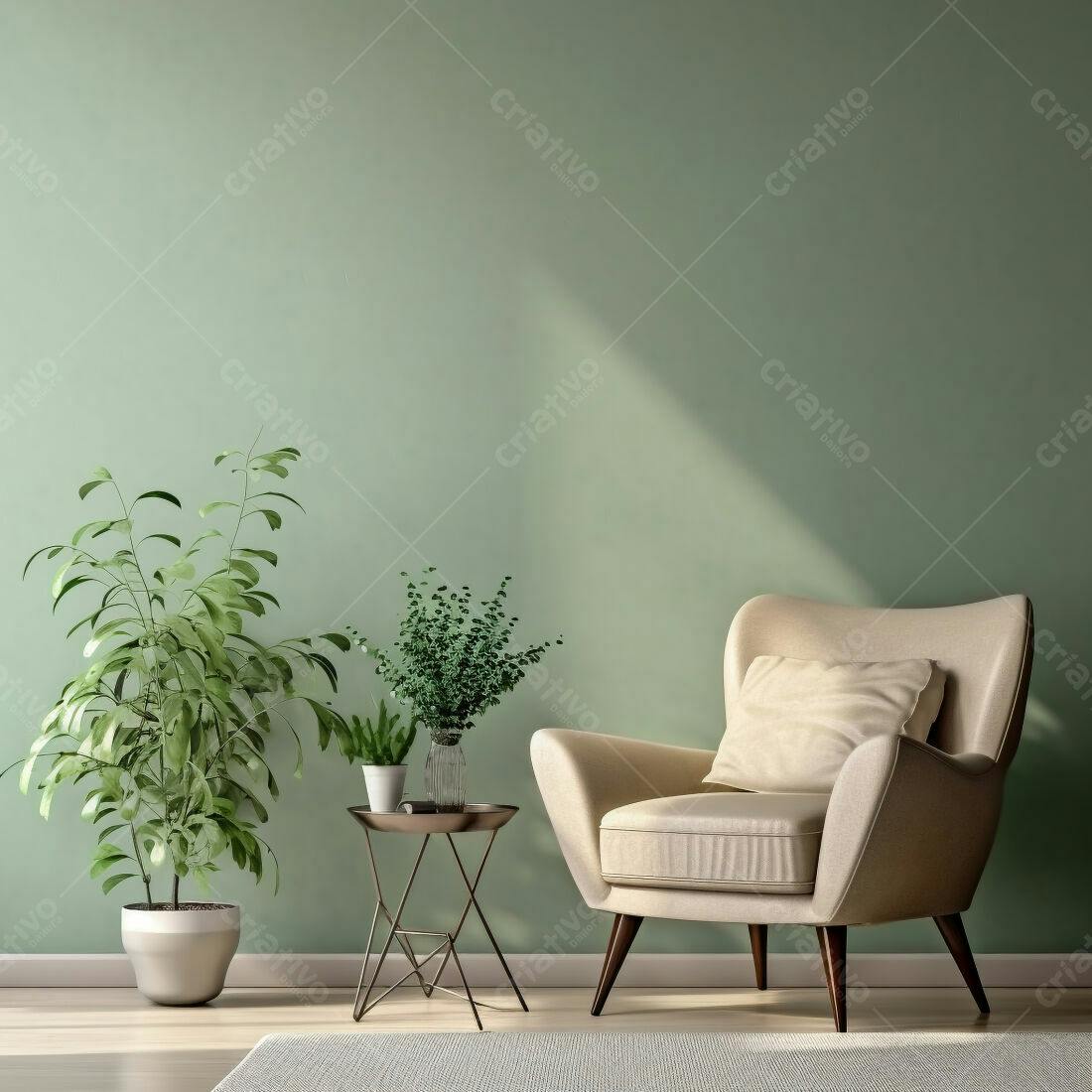 Poltrona bege em sala com plantas e parede verde