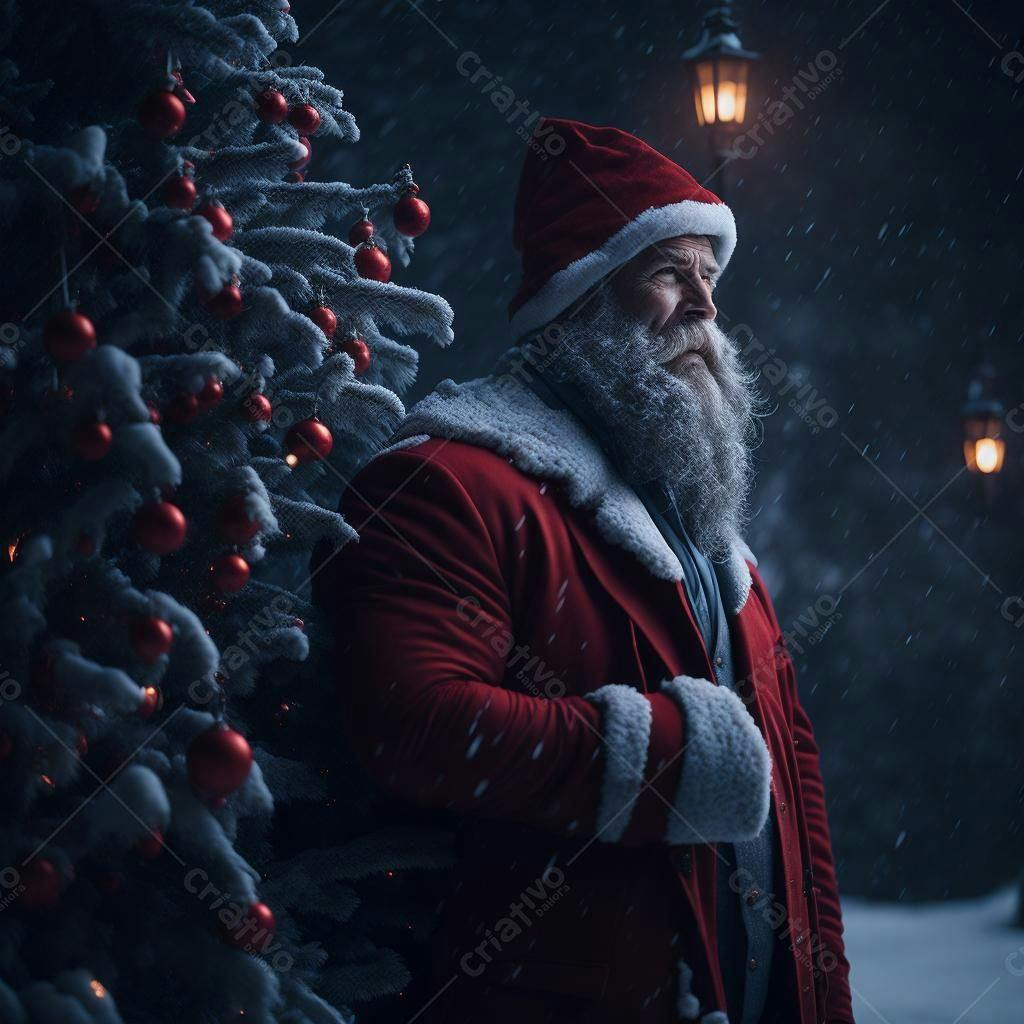 Papai Noel contemplativo em noite de neve