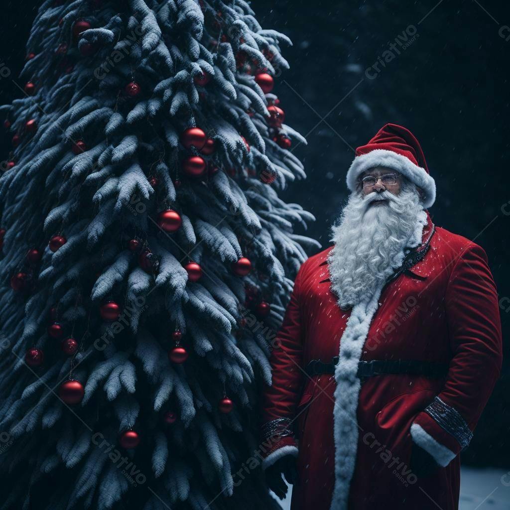 Papai Noel na neve com árvore de natal