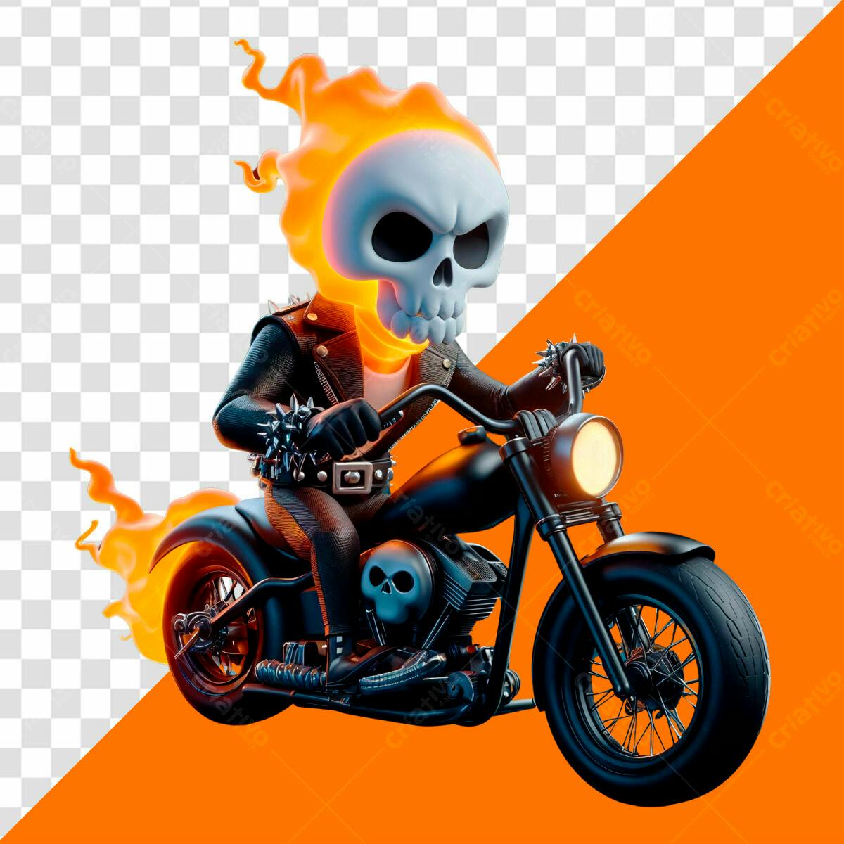 Ilustração Motociclista Fantasma em Chamas PSD Editável