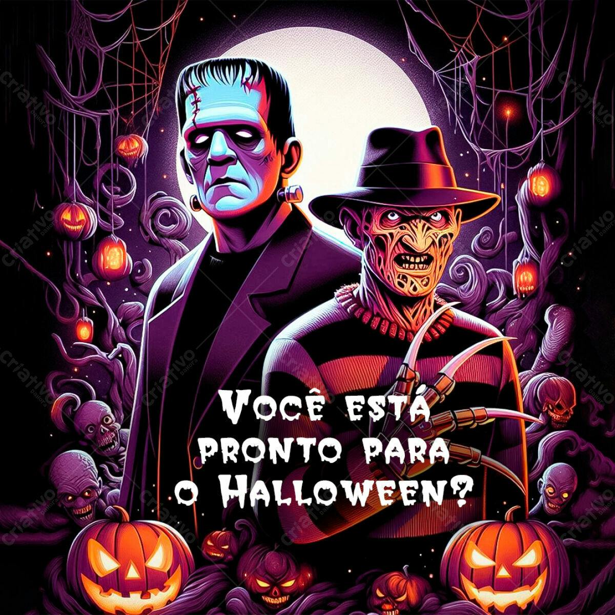 Arte de Halloween com Frankenstein e Freddy Krueger PSD Editável