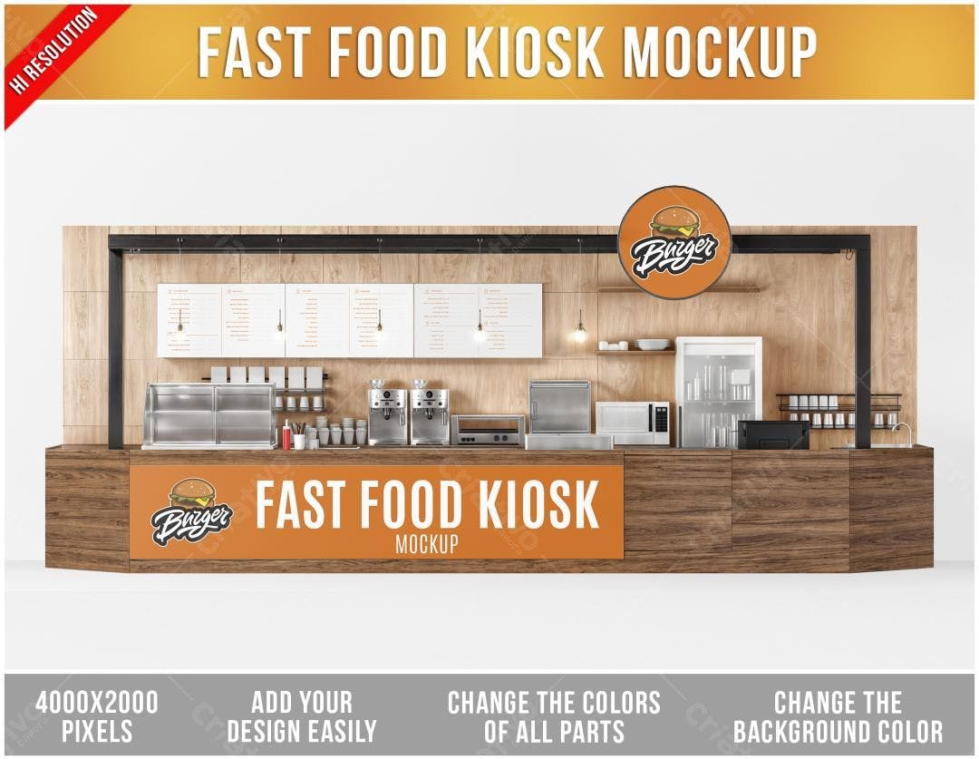Mockup Realista de Kiosk de Fast Food com Detalhes em Madeira