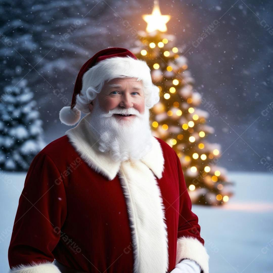 Papai Noel alegre em frente a árvore de Natal