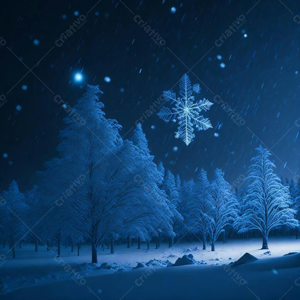 Floresta nevada noite com floco de neve gigante