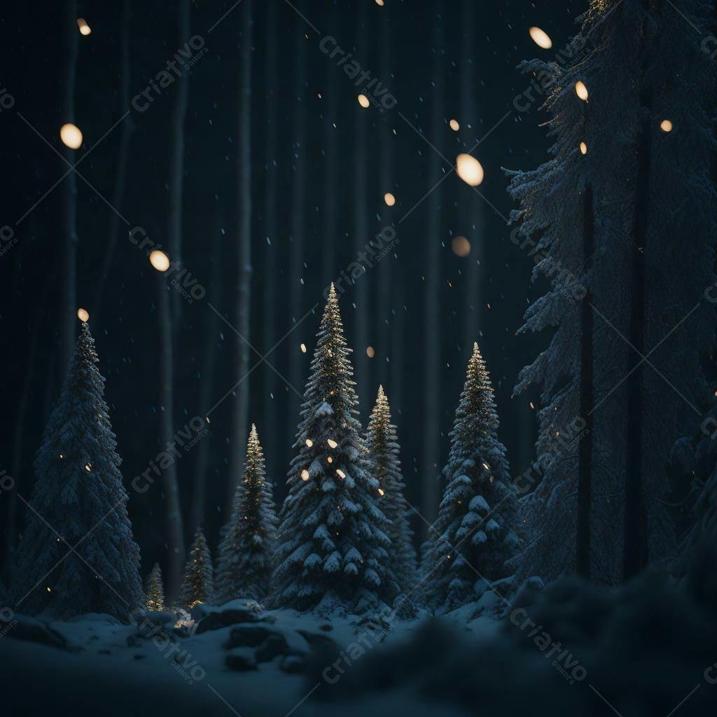 Pinheiros nevados em floresta noturna
