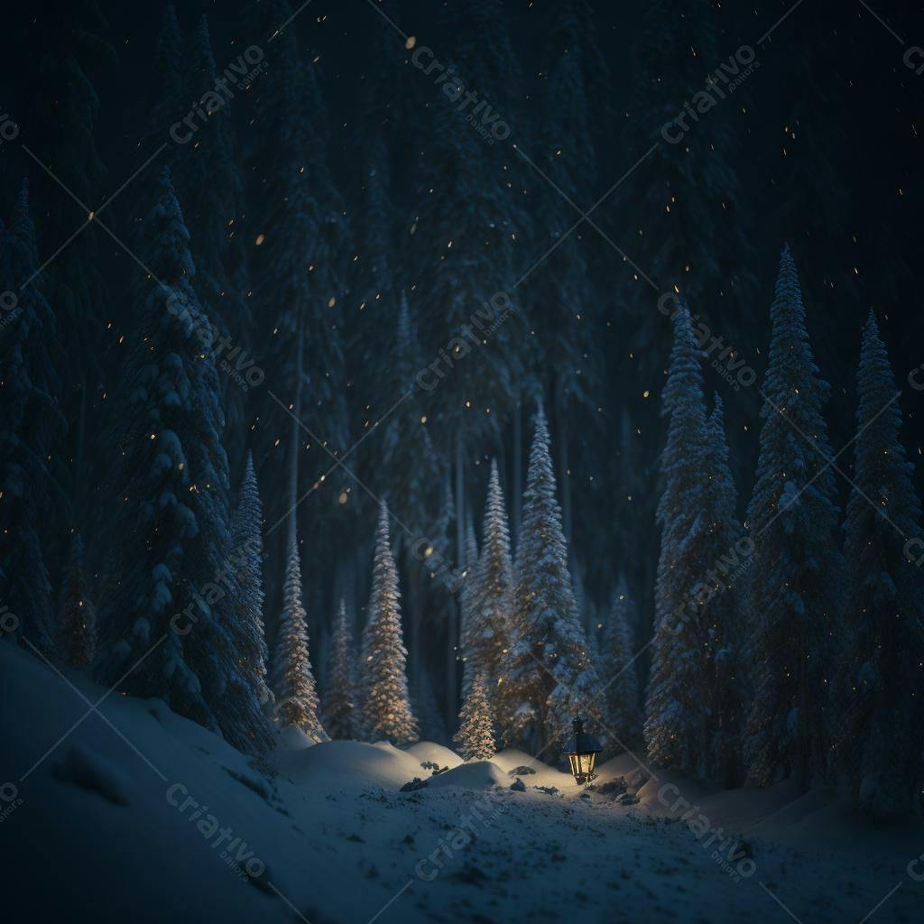 Lanterna em floresta nevada noite de inverno