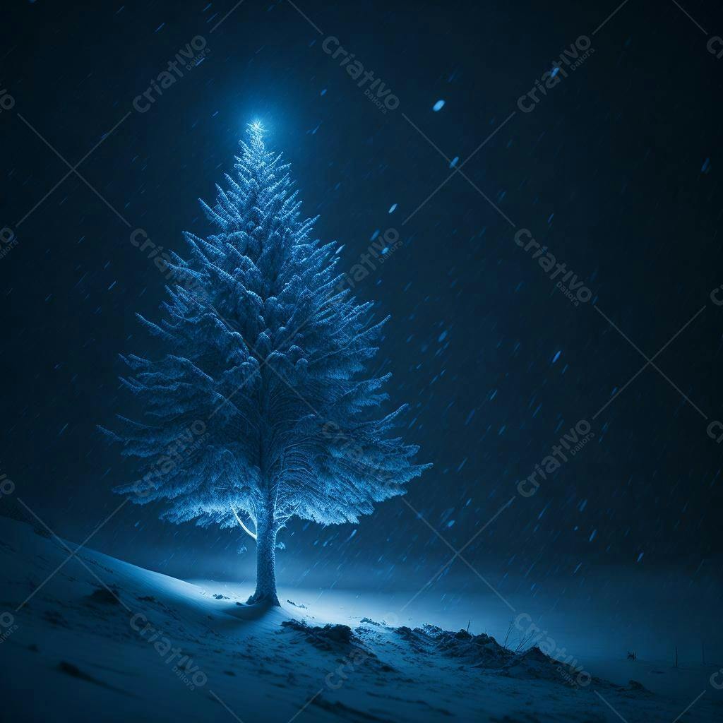 Pinheiro nevado sob neve noturna