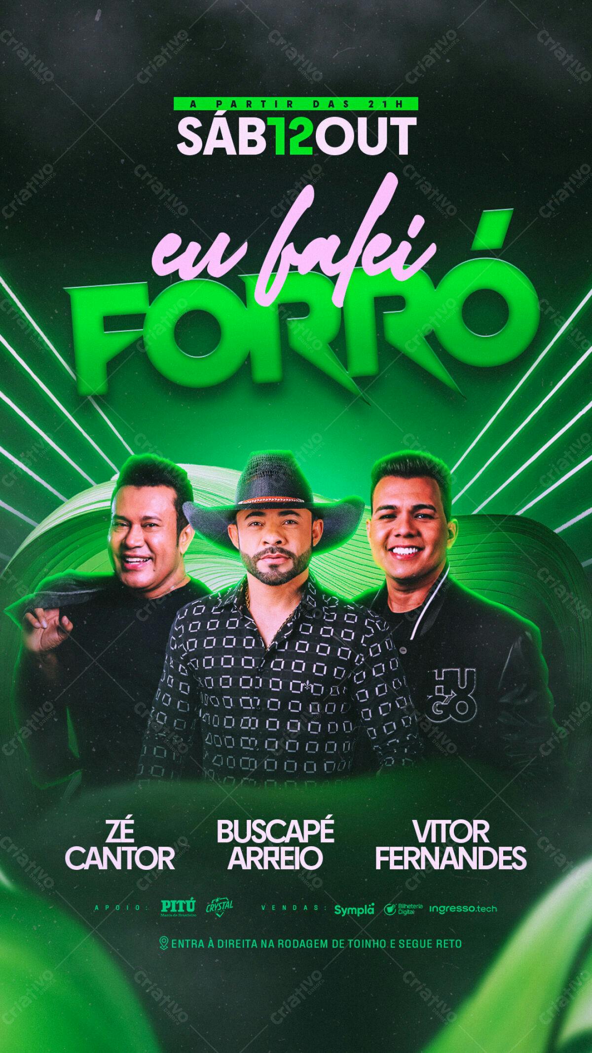 Flyer Forró com Zé Cantor, Buscapé Arreio e Victor Fernandes PSD Editável
