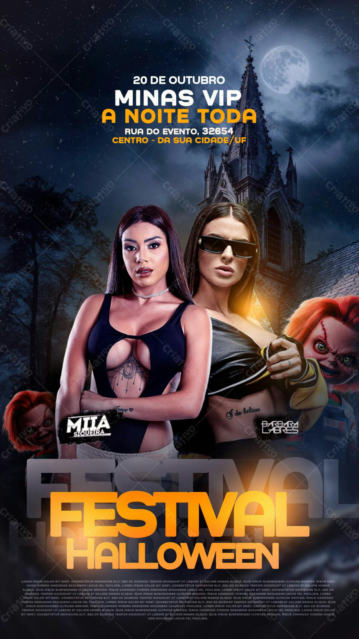 Flyer para Festa Halloween com Mulheres e Chucky PSD Editável