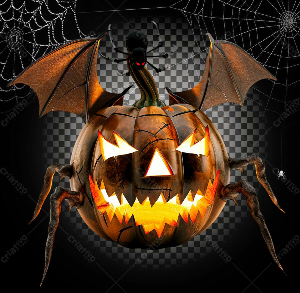 Abóbora de Halloween com Aranha e Morcego PSD Editável