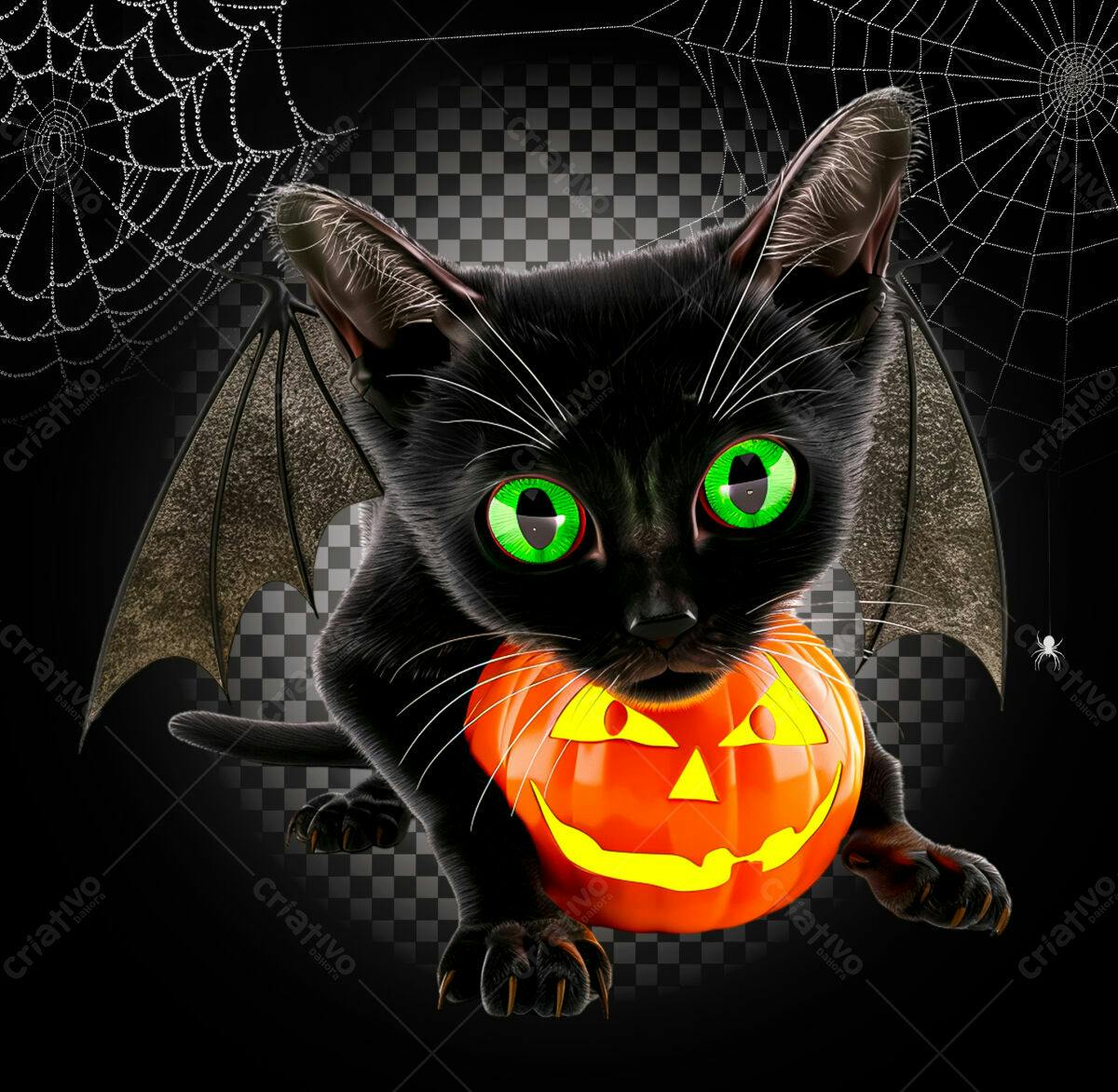 Imagem Halloween Gatinho Preto com Abóbora PSD Editável