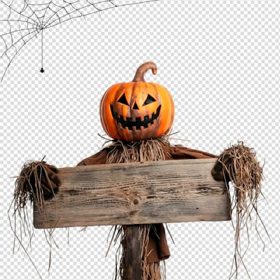 Espantalho Com Placa De Madeira Para Halloween Isolado Em Um Fundo Transparente
