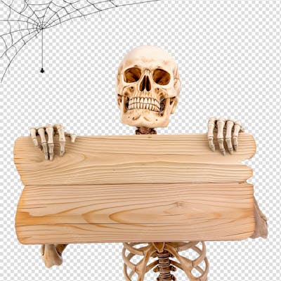 Esqueleto Com Placa De Madeira Para Halloween Isolado Em Um Fundo Transparente