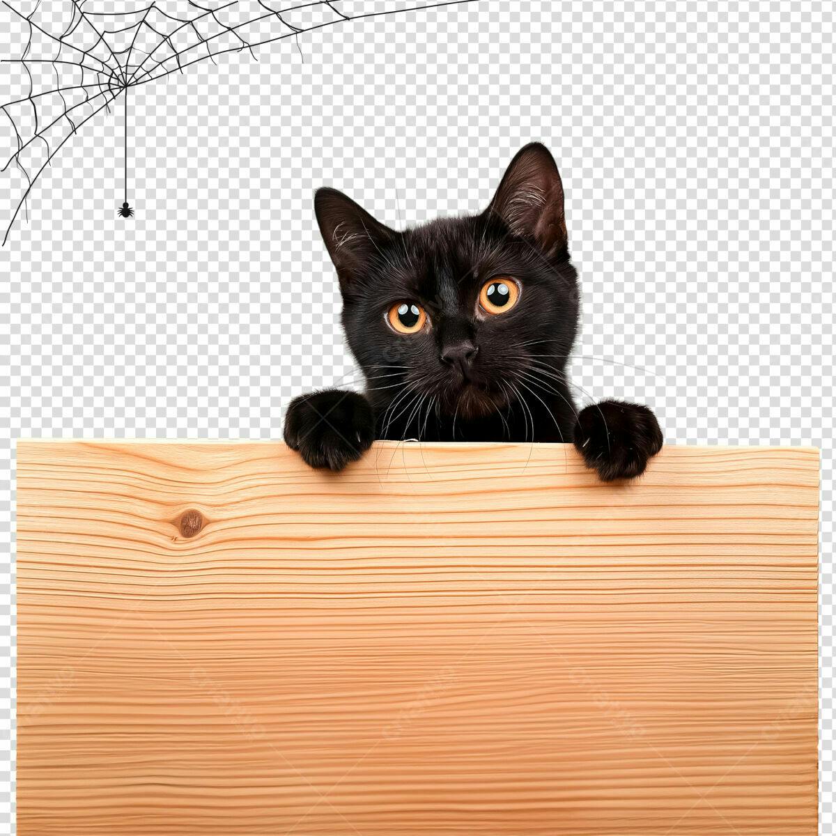 Placa de Madeira com Gato Preto para Halloween PSD Editável