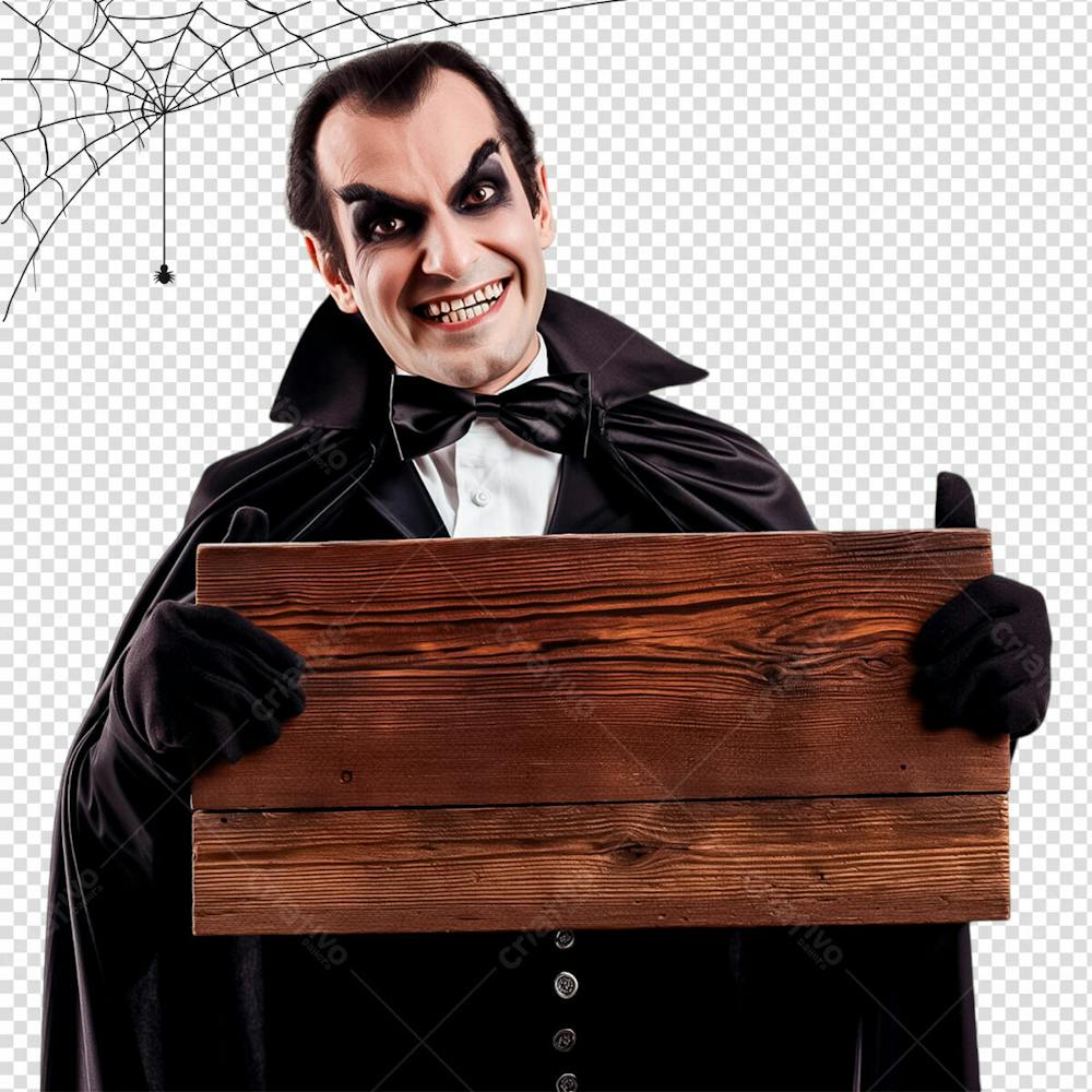 Vampiro Drácula Com Placa De Madeira Para Halloween Isolado Em Um Fundo Transparente