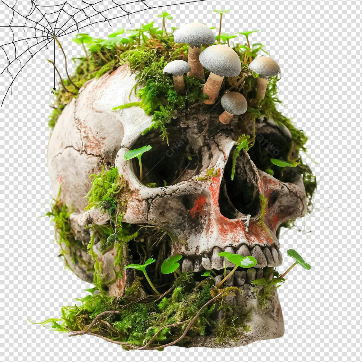 Arte Gótica Caveira com Musgo e Cogumelos PSD Editável
