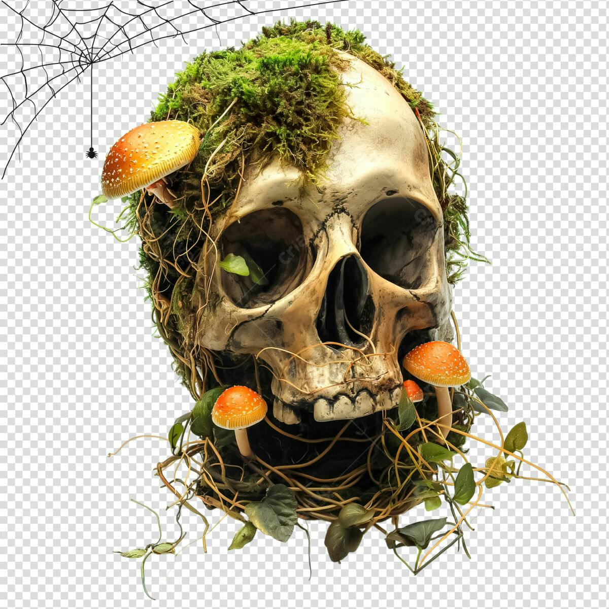 Arte Halloween Caveira com Musgo e Cogumelos PSD Editável