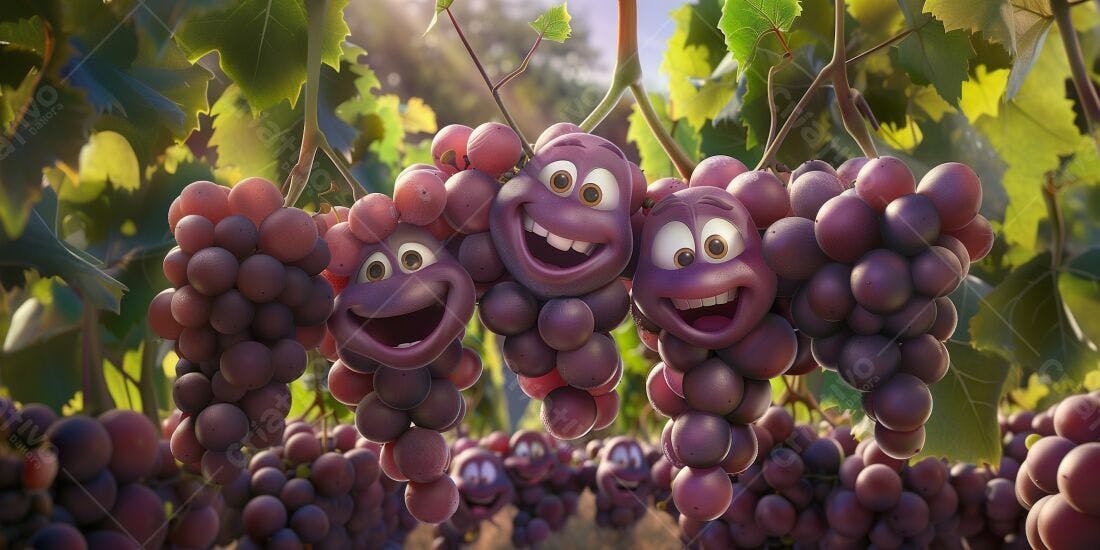 Uvas animadas felizes em vinhedo ensolarado