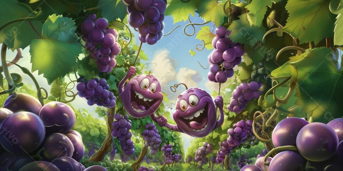 Uvas animadas em vinhedo ensolarado