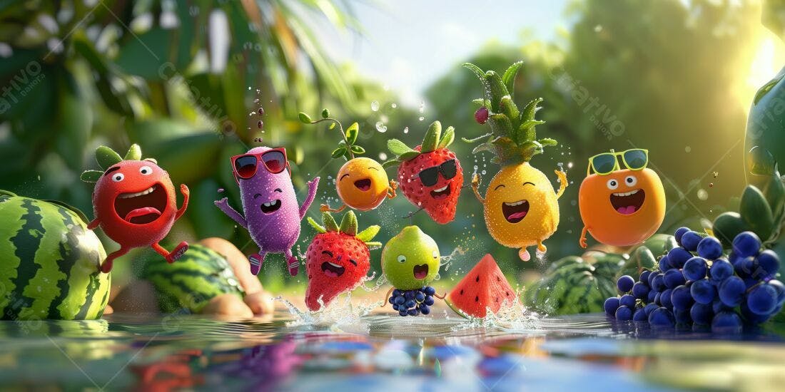 Frutas animadas pulando na água