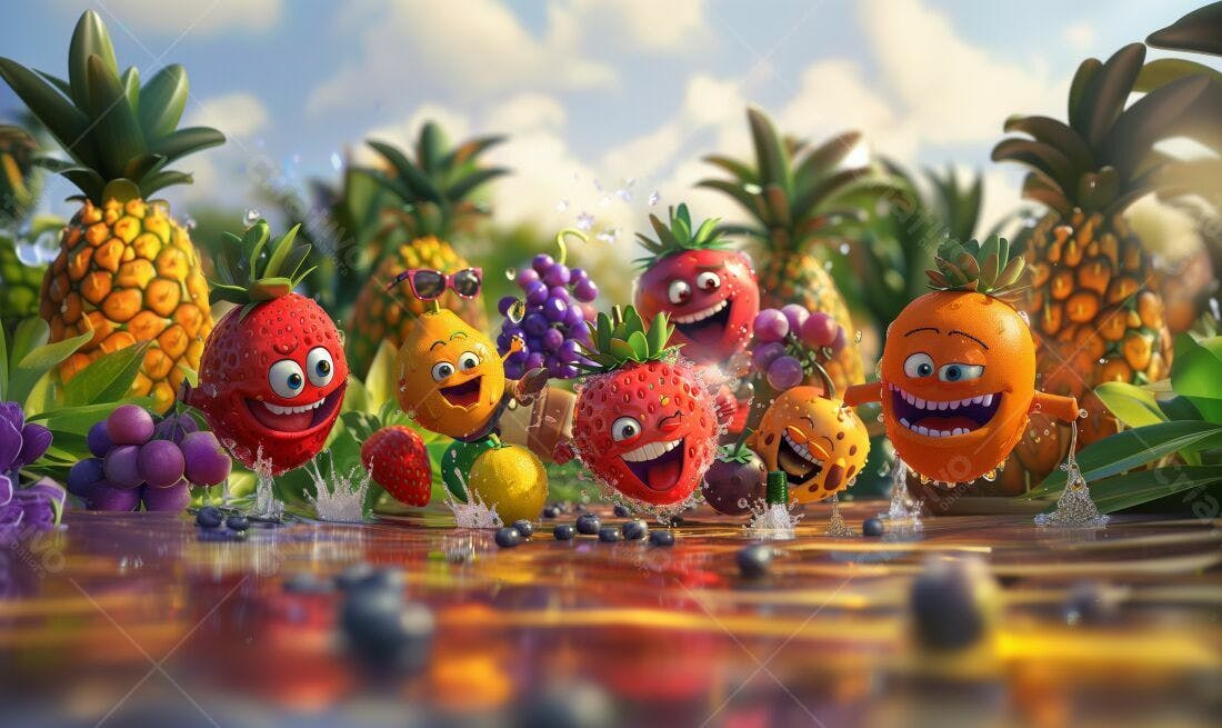 Frutas felizes pulando na água