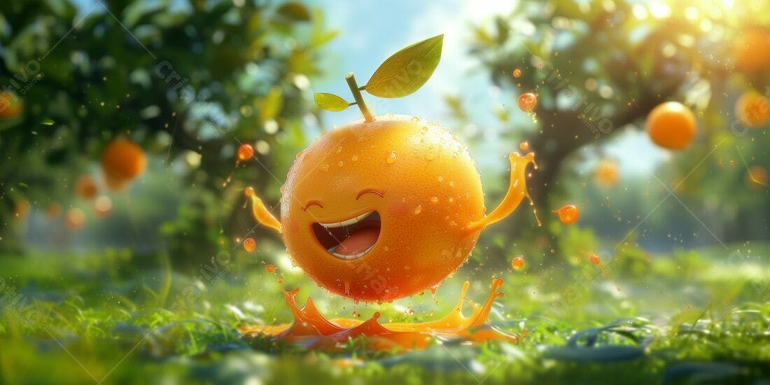 Laranja feliz pulando na grama