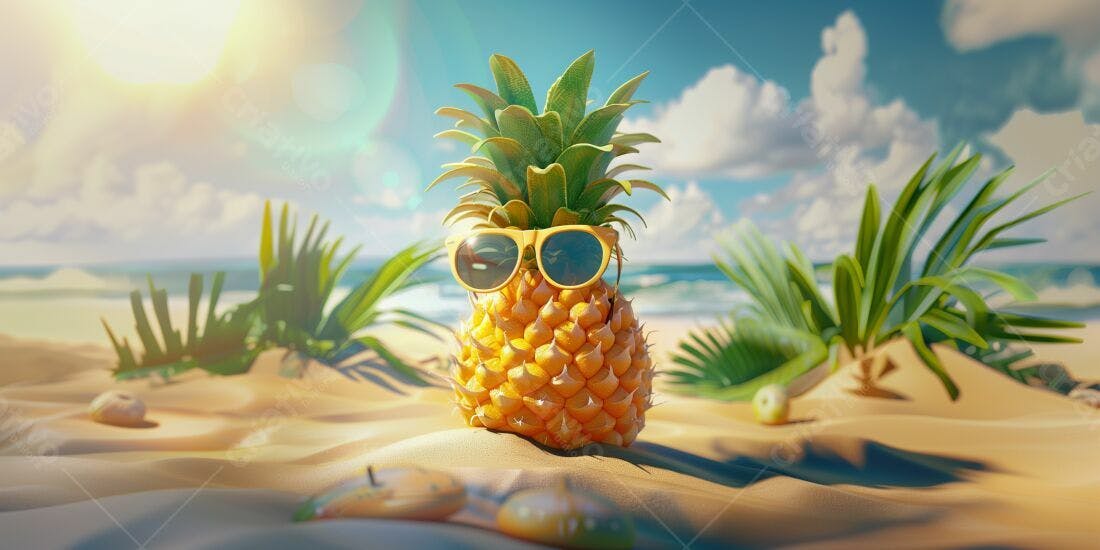 Abacaxi de óculos na praia ensolarada
