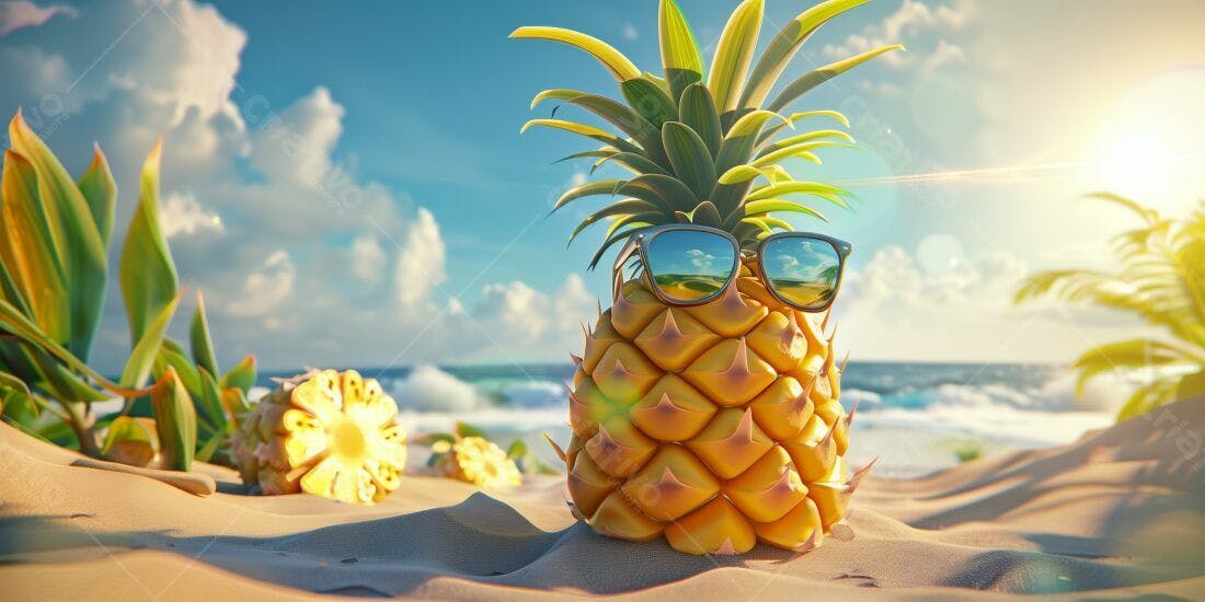 Abacaxi de óculos na praia tropical
